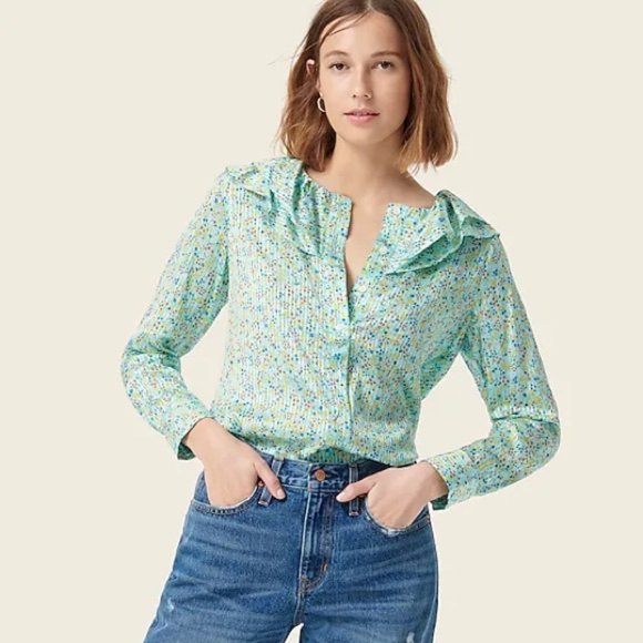 J. Crew Tops - J. Crew | Ruffle Top In Field Day Print Aqua Small Ditsy Floral Mint New Viscose